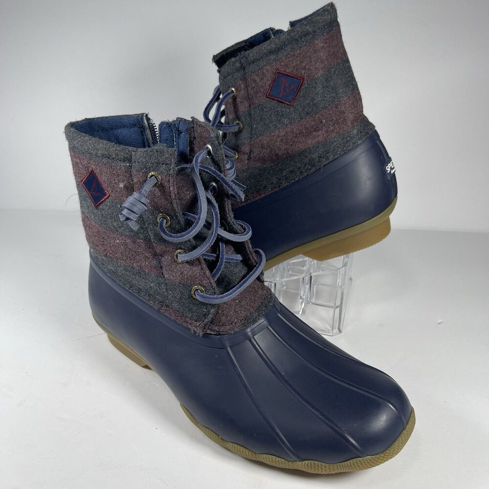 Sperry Saltwater Duck Boots Girls Size 5M Navy Blue Maroon Striped Wool Upper